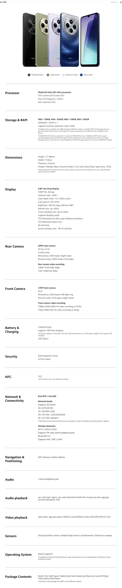 Xiaomi Redmi 14C | Câmera 50MP, Processador Helio G81-Ultra, Bateria 5160mAh, Carregamento 18W, Versão Global, Envio do Brasil